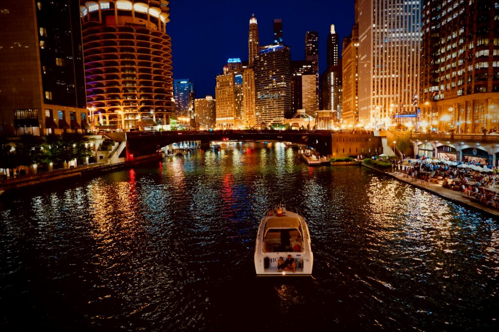 The Chicago River flowing through Chicago Illinois United States