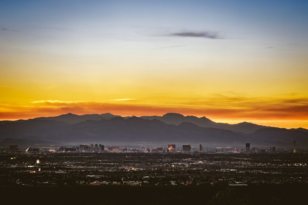 A panoramic view of the Las Vegas skyline from beyond the Strip Las Vegas Nevada USA