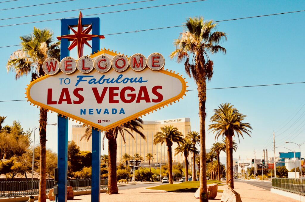 The iconic Welcome to Fabulous Las Vegas sign marks the southern entrance to the Las Vegas Strip Las Vegas Nevada USA