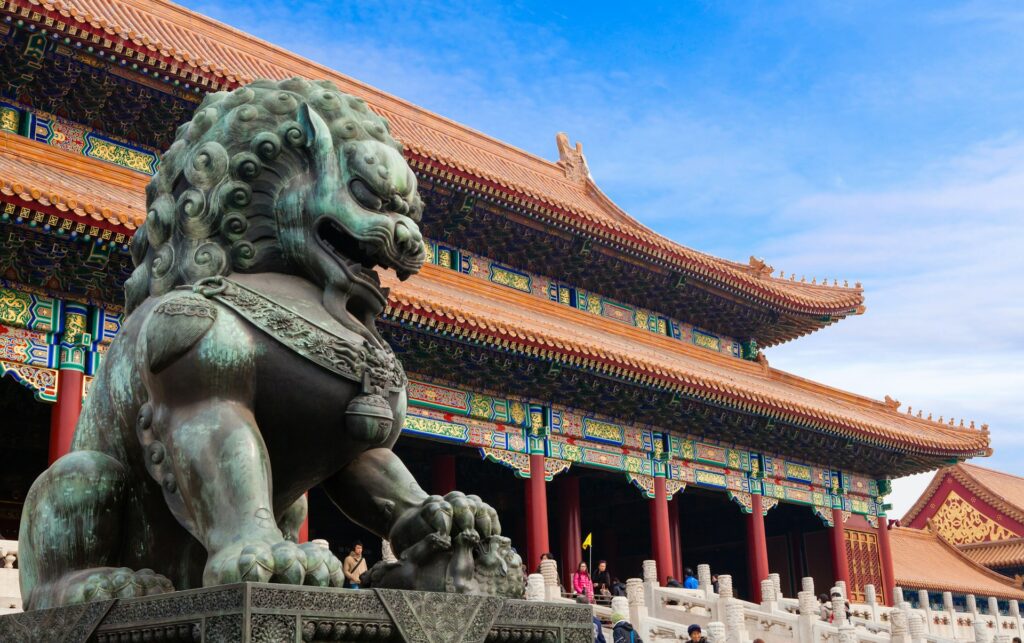 The iconic guardian lion at the entrance to the Forbidden City Beijing China